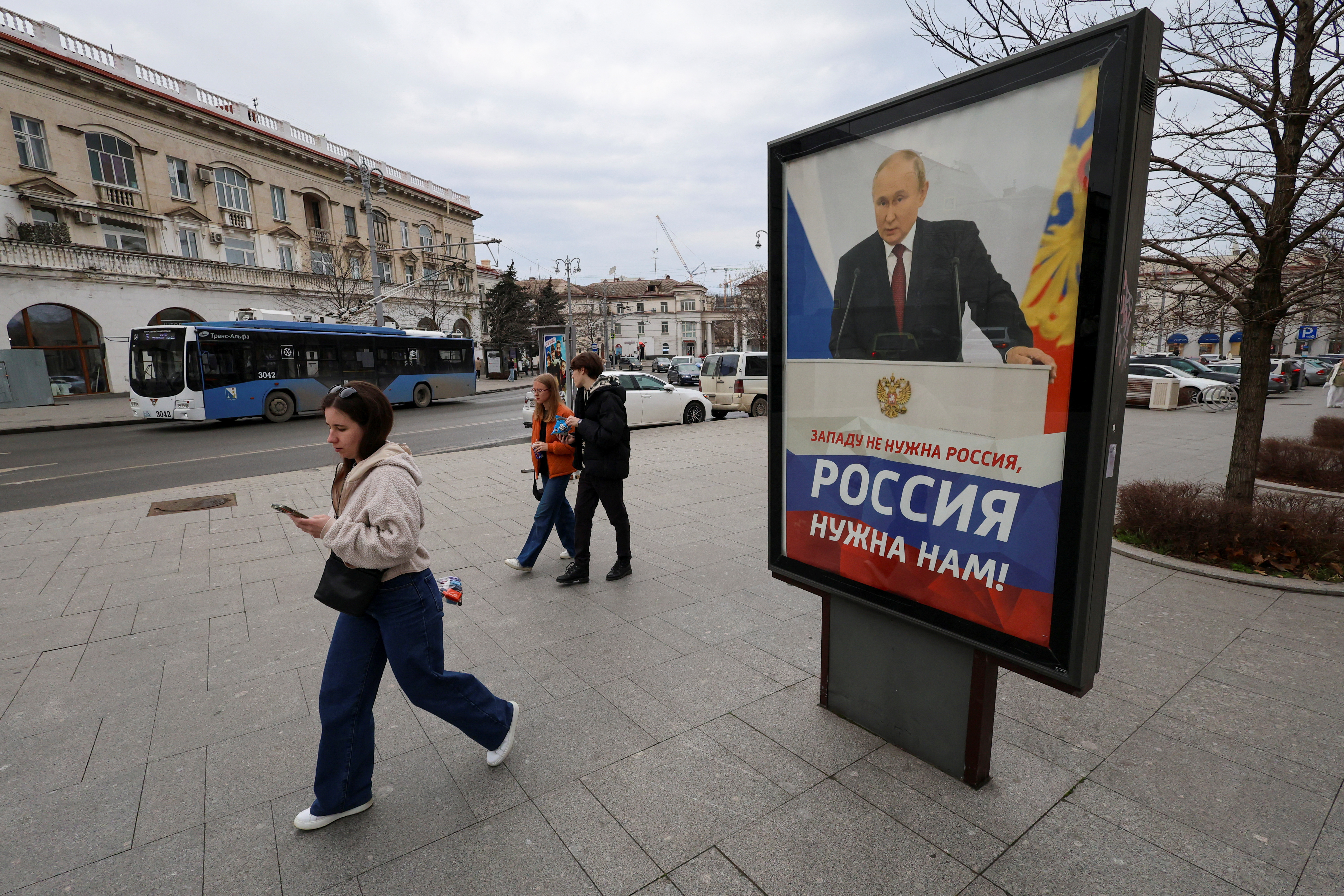 A poster displayed in support of Russia's President Putin in Sevastopol