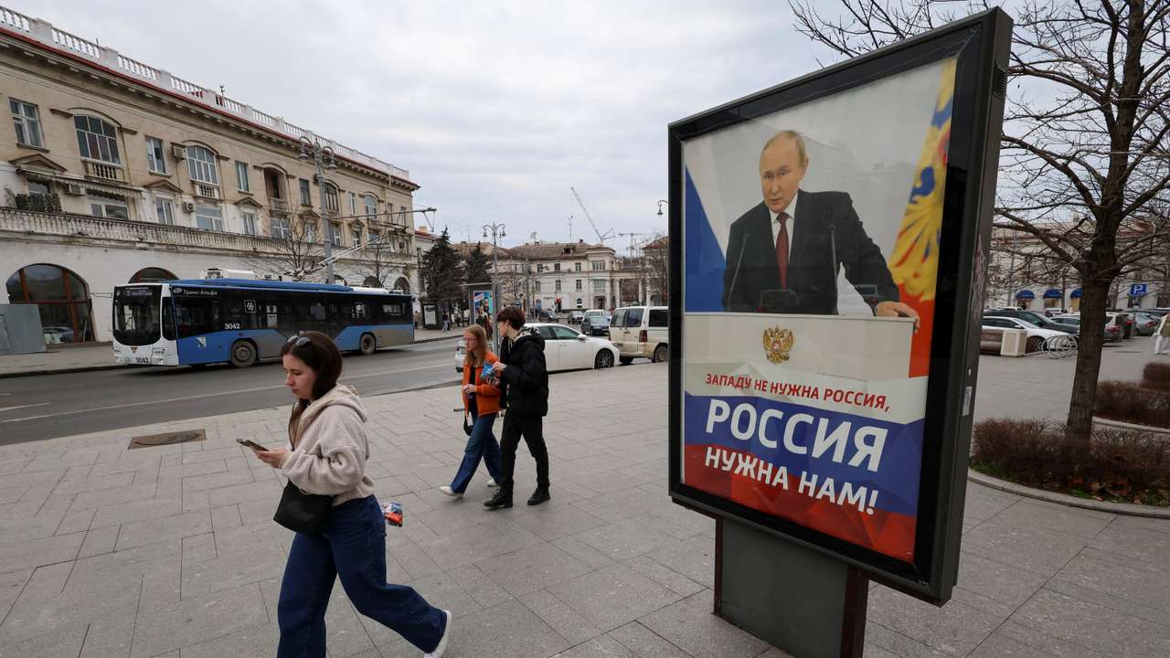 A poster displayed in support of Russia's President Putin in Sevastopol