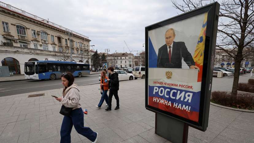 A poster displayed in support of Russia's President Putin in Sevastopol