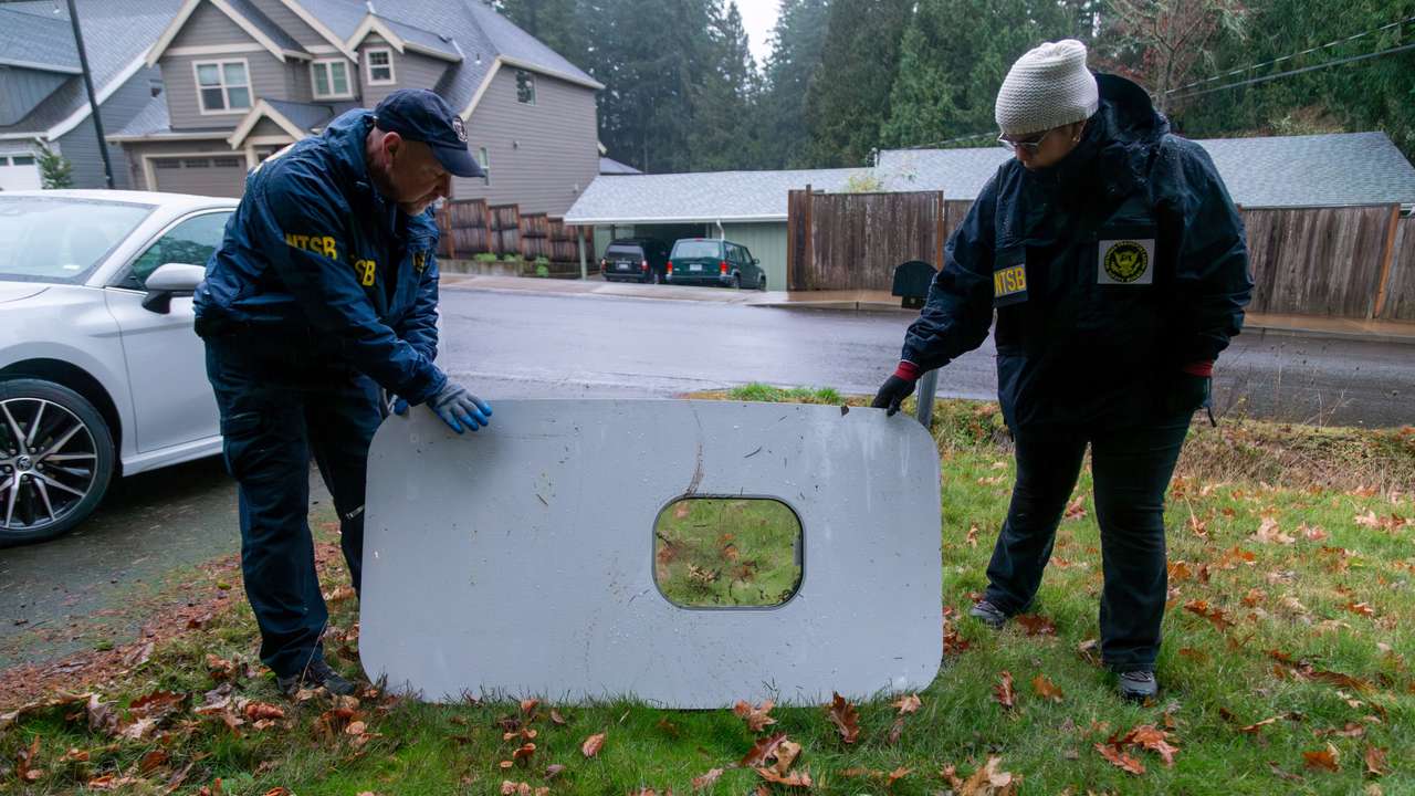 The recovered fuselage plug area of Alaska Airlines Flight 1282 Boeing 737-9 MAX