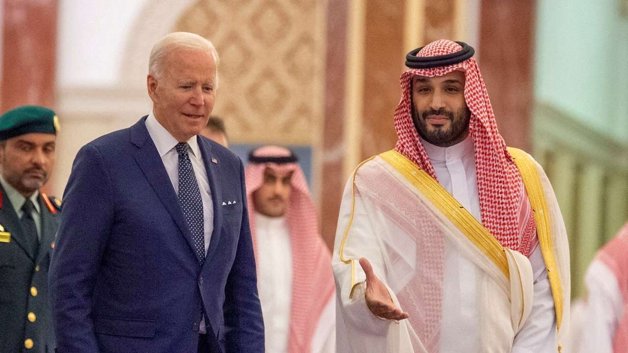 FILE PHOTO: Saudi Crown Prince Mohammed bin Salman receives U.S. President Joe Biden at Al Salman Palace upon his arrival in Jeddah