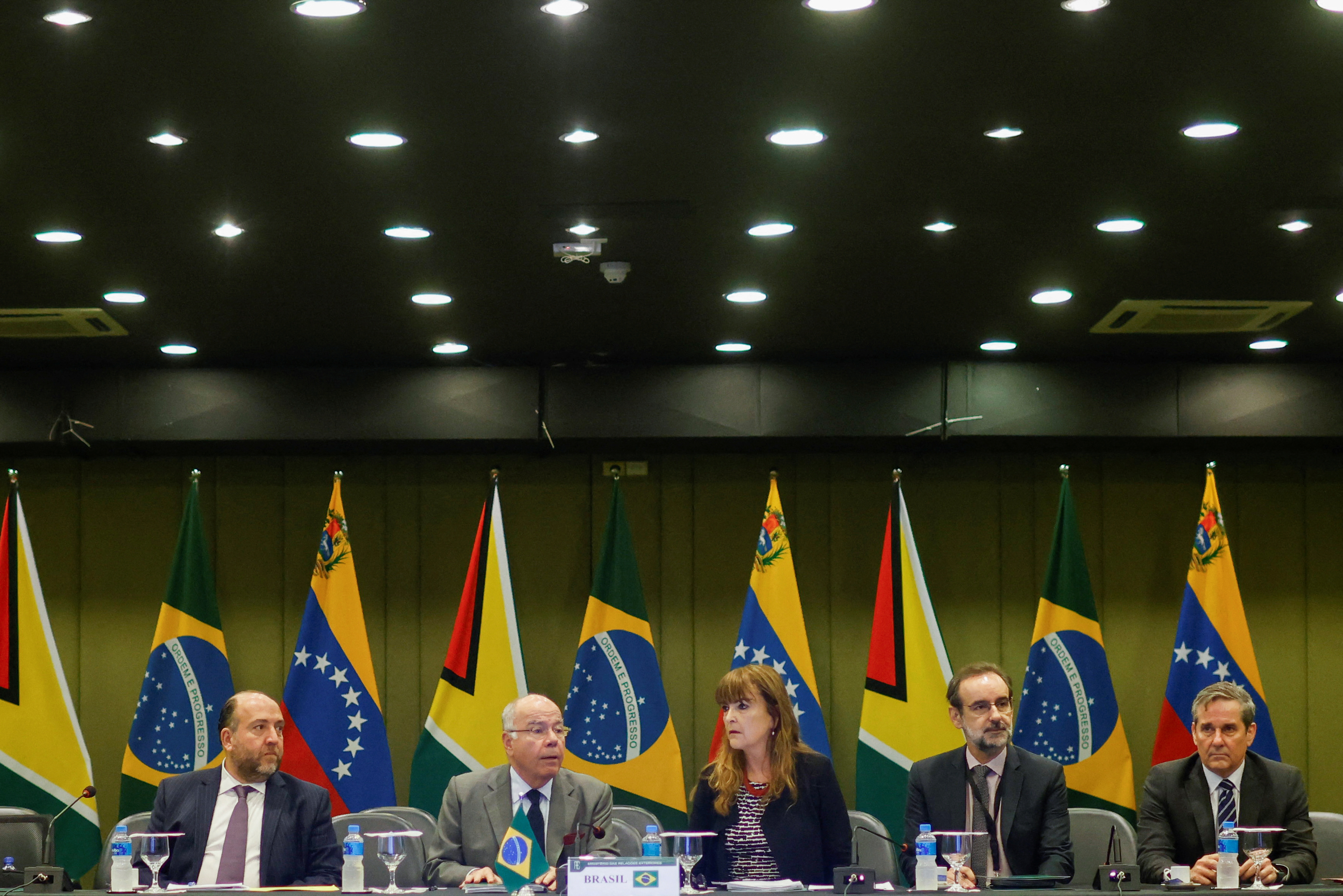 Brazil's Foreign Minister Mauro Vieira, Venezuela's Foreign Minister Yvan Gil and Guyana's Foreign Minister Hugh Todd attend a meeting between representatives of the governments of Venezuela and Guyana at the Itamaraty Palace, in Brasilia