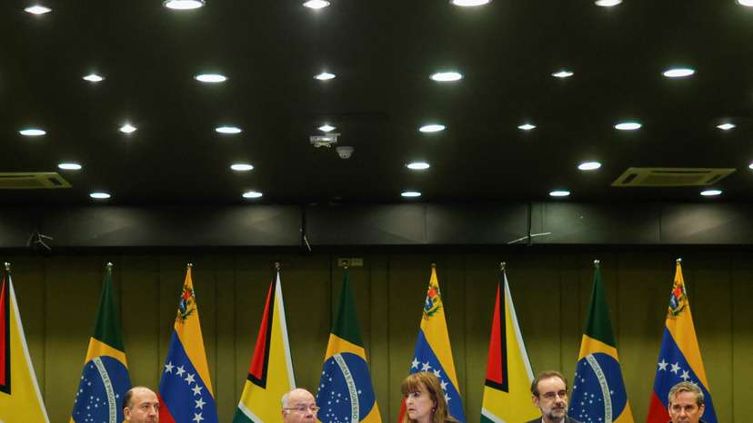 Brazil's Foreign Minister Mauro Vieira, Venezuela's Foreign Minister Yvan Gil and Guyana's Foreign Minister Hugh Todd attend a meeting between representatives of the governments of Venezuela and Guyana at the Itamaraty Palace, in Brasilia