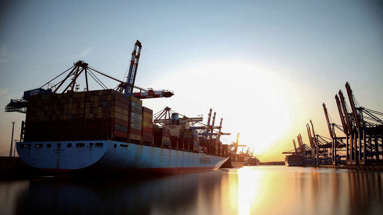 FILE PHOTO: Cargo ships are loaded at container terminals at the harbour in Hamburg