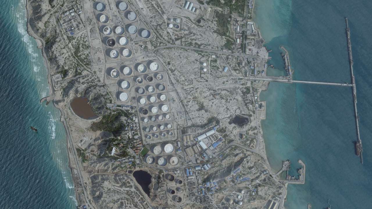 A satellite image shows an oil terminal, in Kharg Island