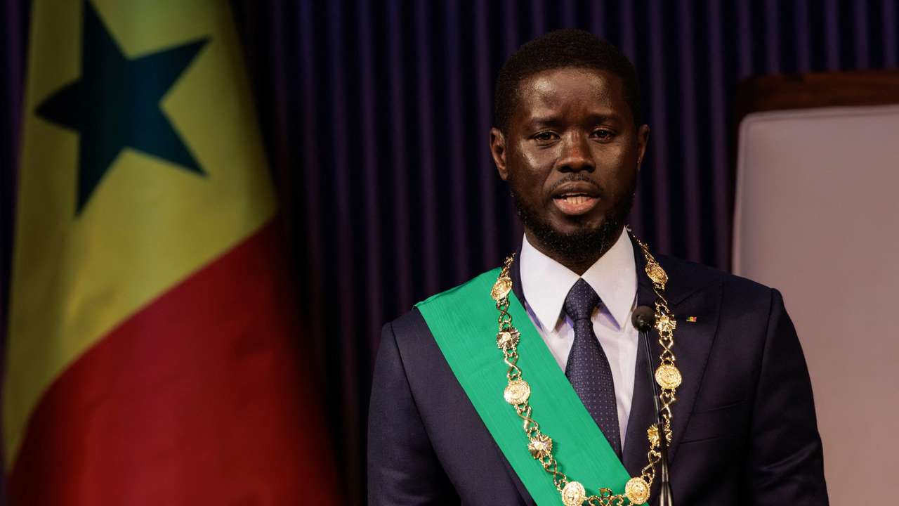 Senegal's newly elected President Bassirou Diomaye Faye takes the oath of office as president during the inauguration ceremony in Dakar