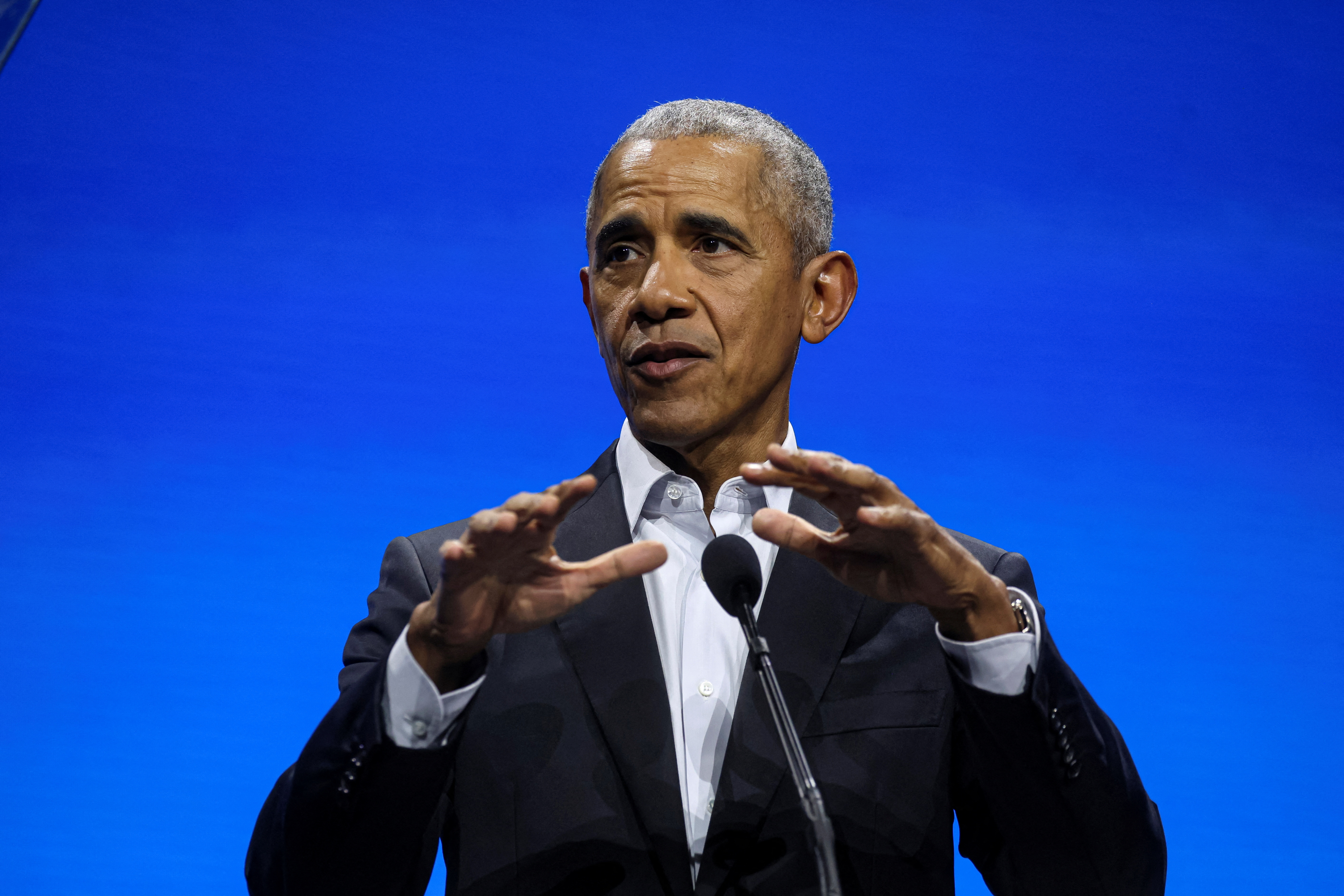 Former U.S. President Barack Obama speaks during the Obama Foundation "Democracy Forum" in New York