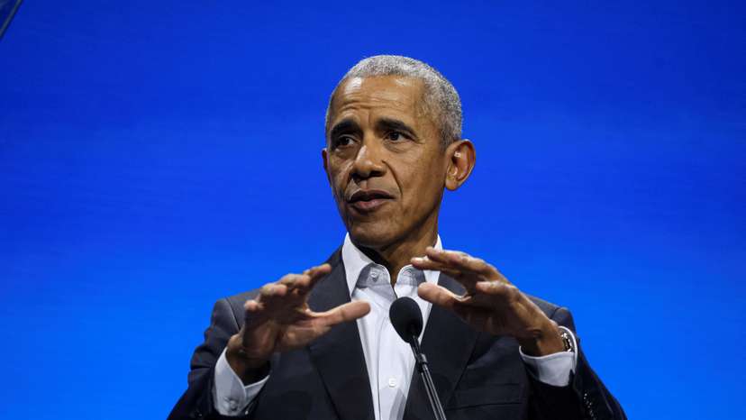 Former U.S. President Barack Obama speaks during the Obama Foundation "Democracy Forum" in New York