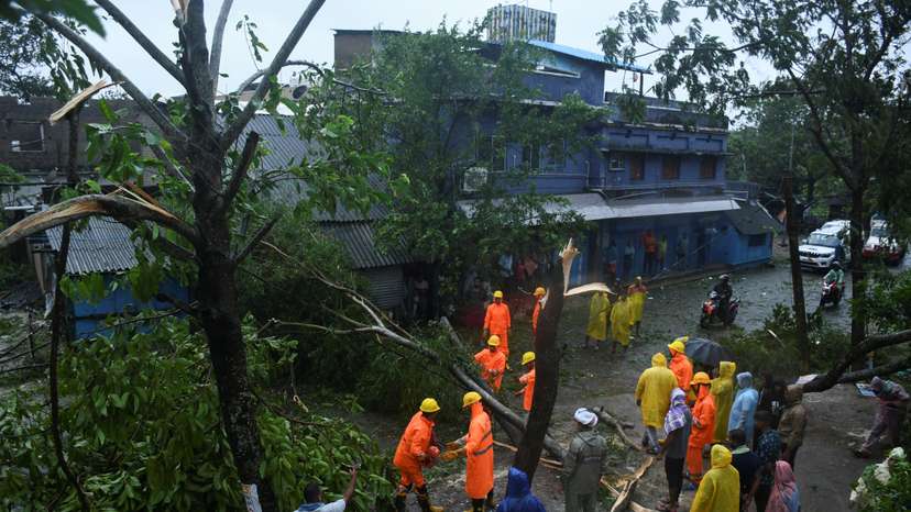 National Disaster Response Force (NDRF) personnel clear a tree that fell after cyclone Dana made landfall, in Anantpur village, Balasore district, in the state of Odisha