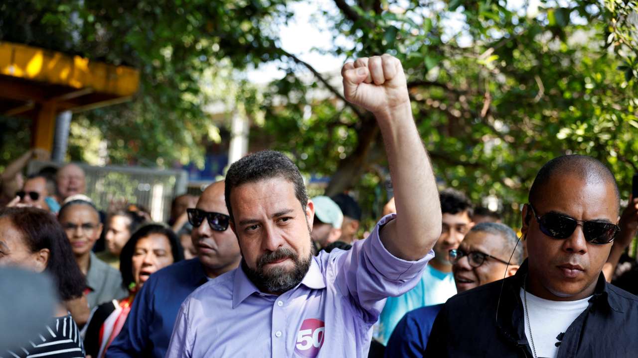 Sao Paulo mayor candidate leftist Guilherme Boulos gestures after voting at a polling station during the municipal elections in Sao Paulo