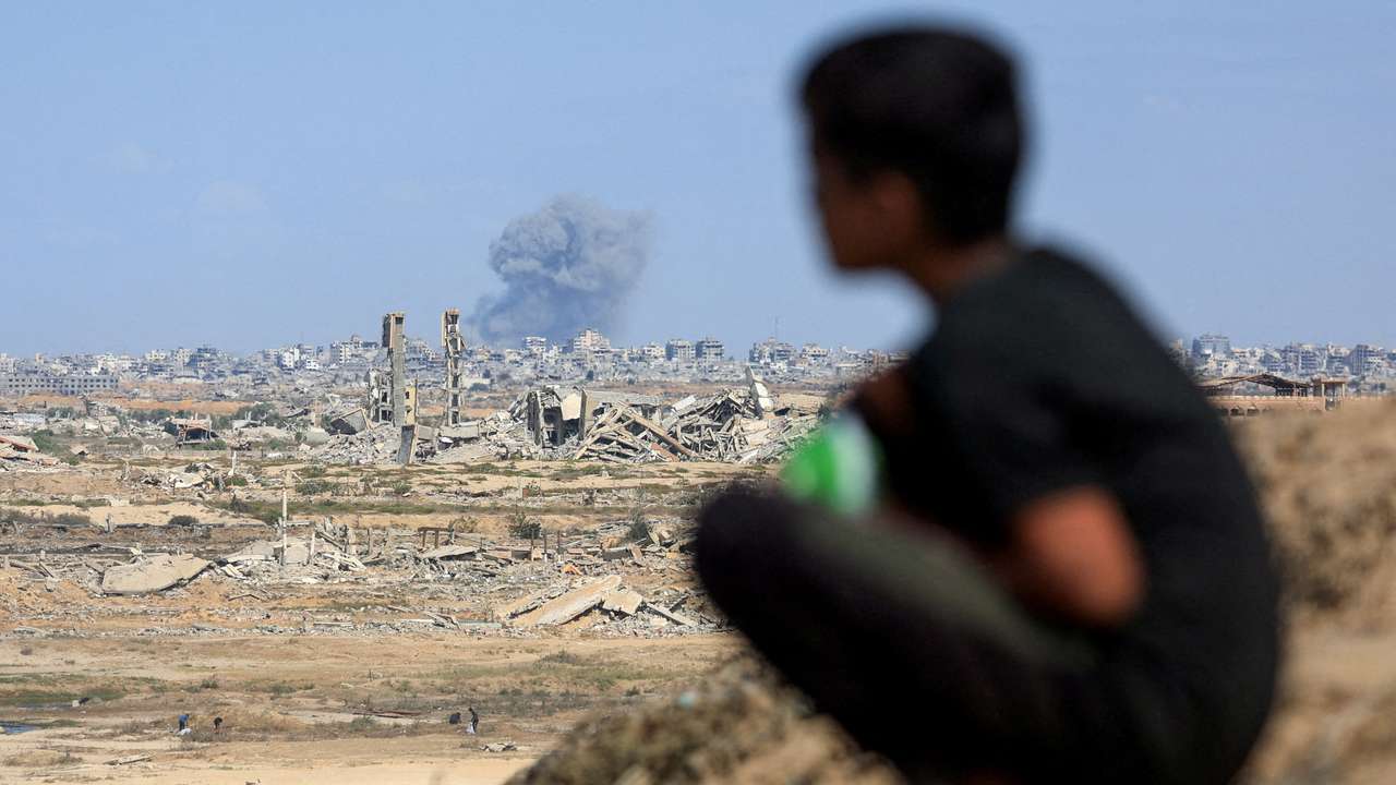Smoke rises following explosions amid Israeli offensive in Gaza City, as seen from central Gaza Strip