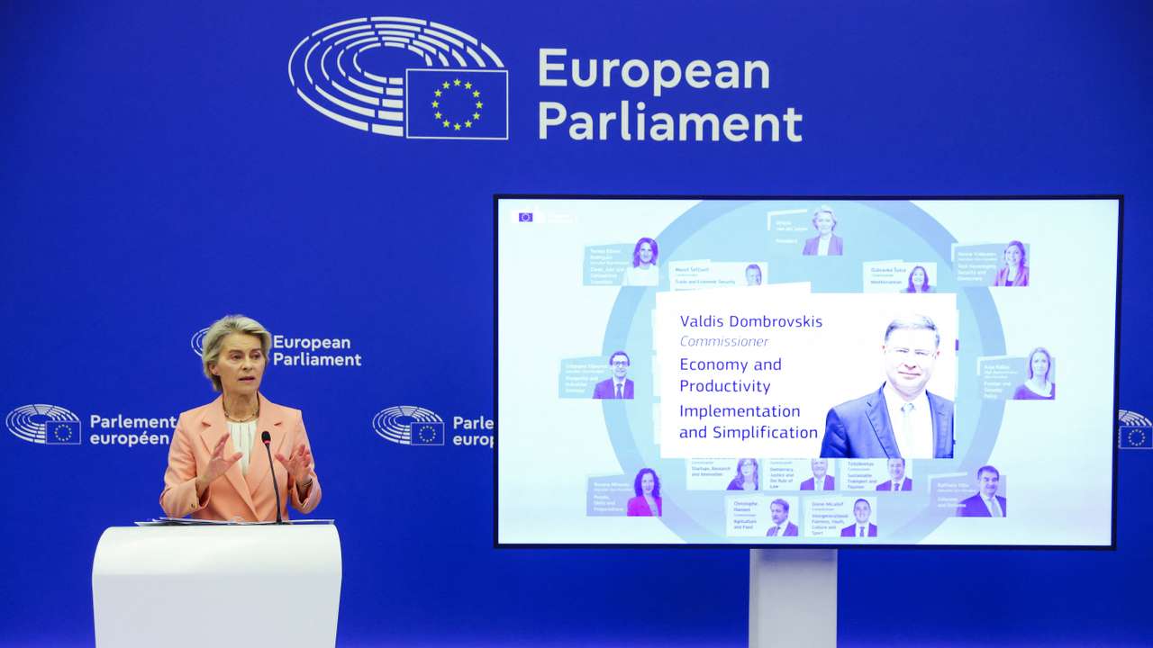 European Commission President Ursula von der Leyen holds a press conference on the suggested structure and portfolios of the college of European Commissioners in Strasbourg