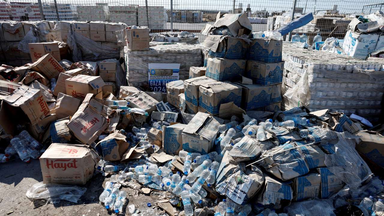 FILE PHOTO: Humanitarian aid waits to be transferred into Gaza from Israel, at the Gaza part of the Kerem Shalom crossing in the Gaza Strip