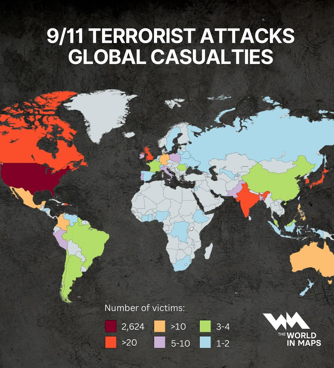 This map highlights the truly global impact of the September 11, 2001 attacks. While the vast ma