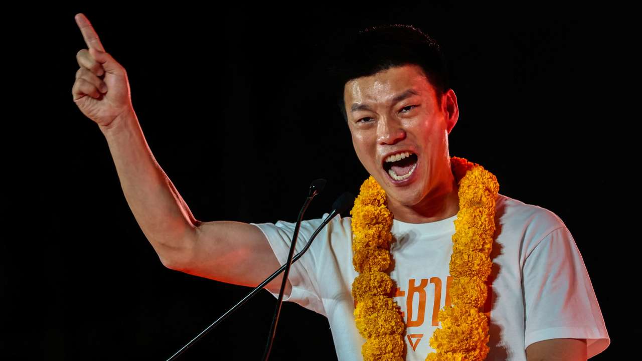 People's Party PM candidate Natthaphong Ruengpanyawut attends a general election campaign rally in Bangkok