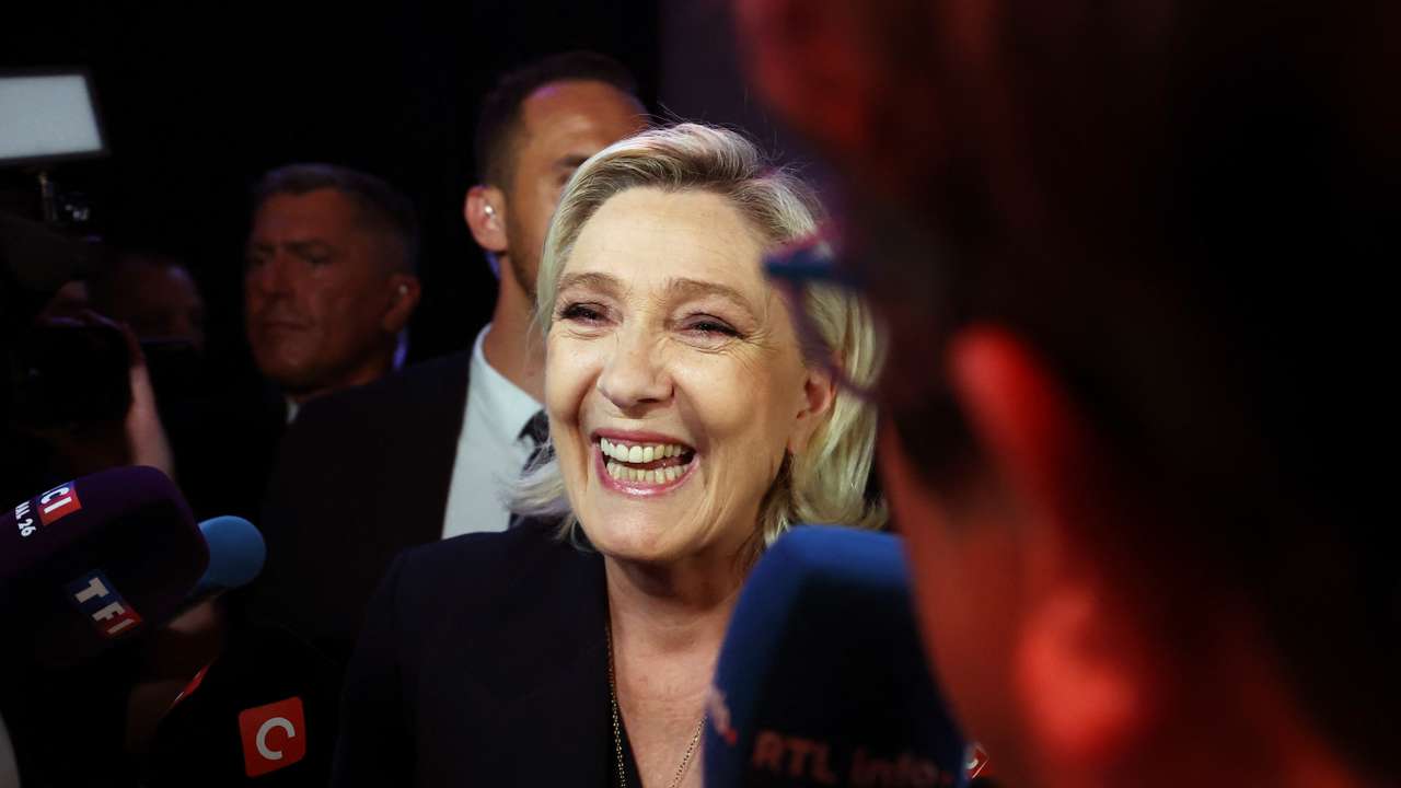 Marine Le Pen reacts after first round results of the 2024 snap legislative elections
