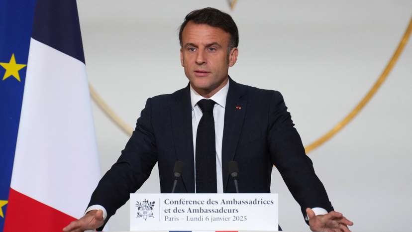 French President Emmanuel Macron delivers his speech, at the Elysee Palace in Paris