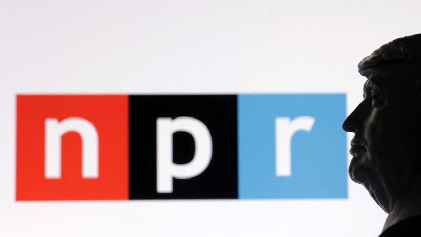 Illustration shows 3D-printed miniature model of U.S. President Trump and National Public Radio (NPR) logo