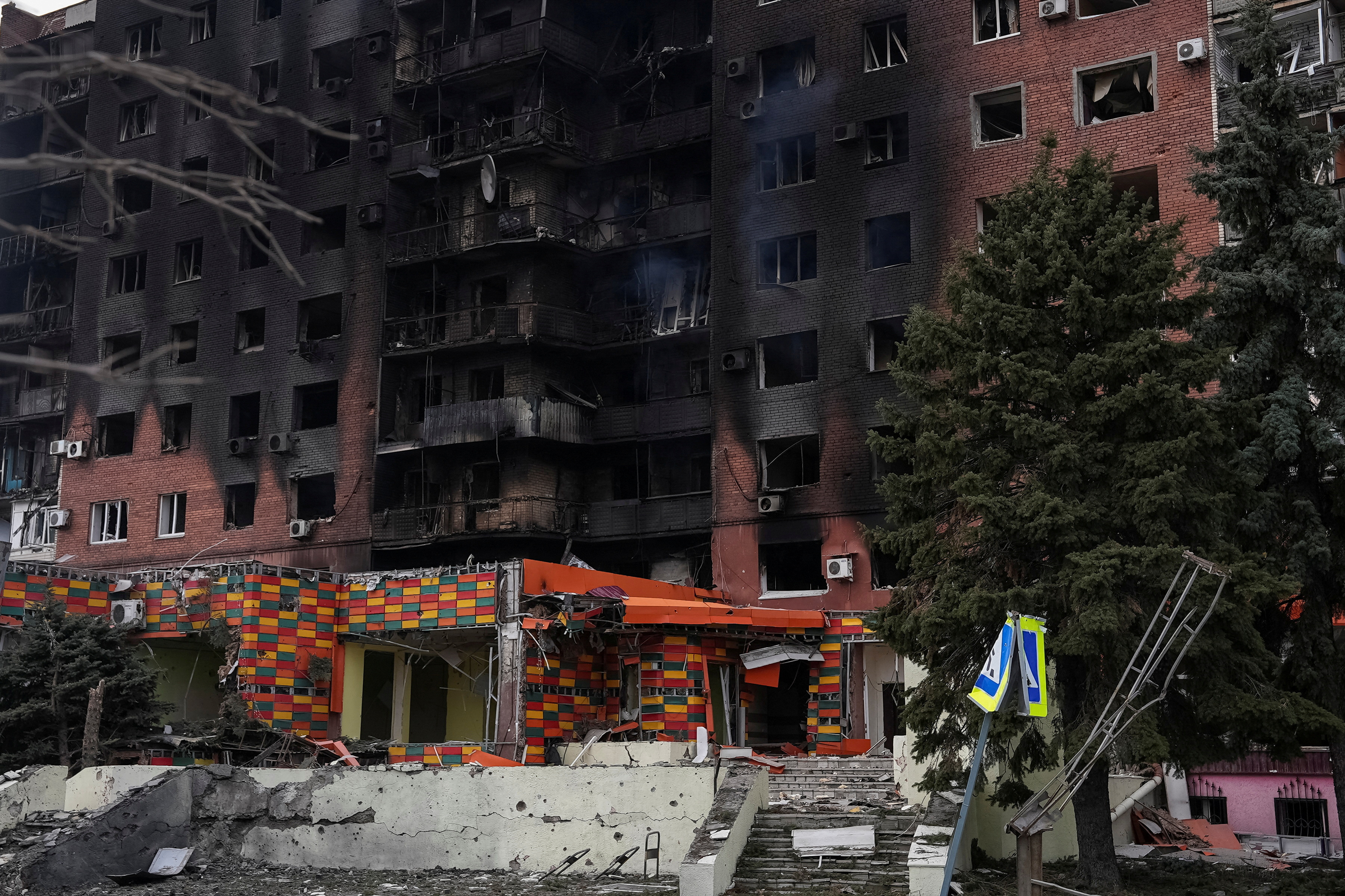 FILE PHOTO: Buildings damaged by Russian military strikes, in Pokrovsk