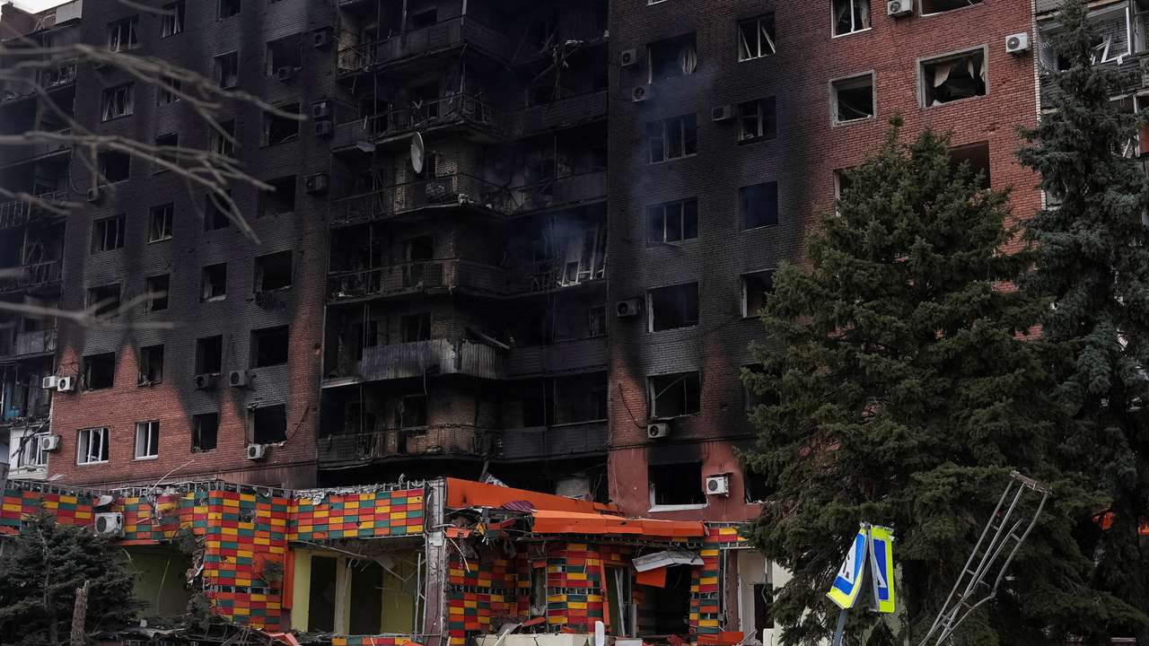 FILE PHOTO: Buildings damaged by Russian military strikes, in Pokrovsk