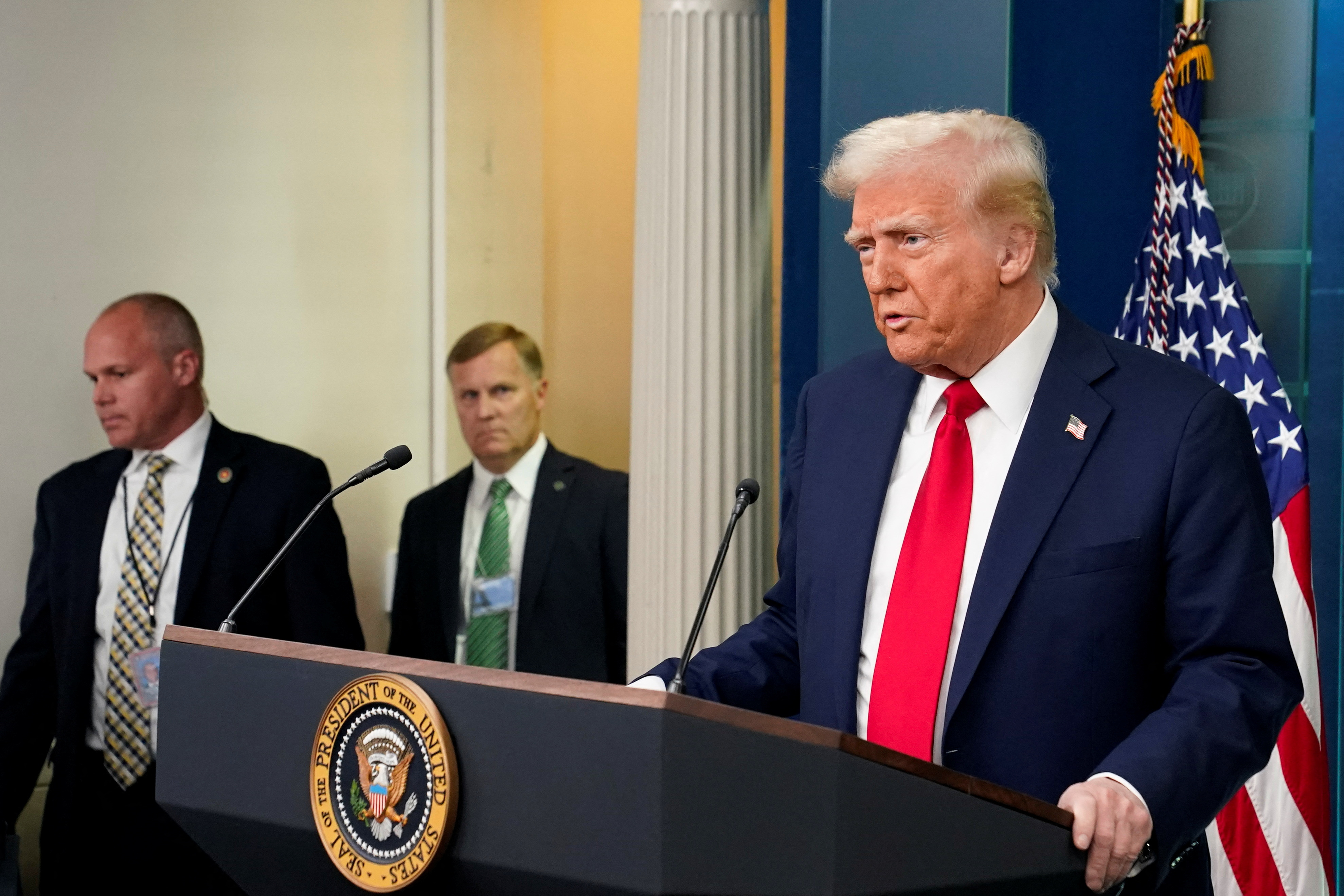 U.S. President Trump briefs reporters on midair collision near Ronald Reagan Washington National Airport, at the White House in Washington