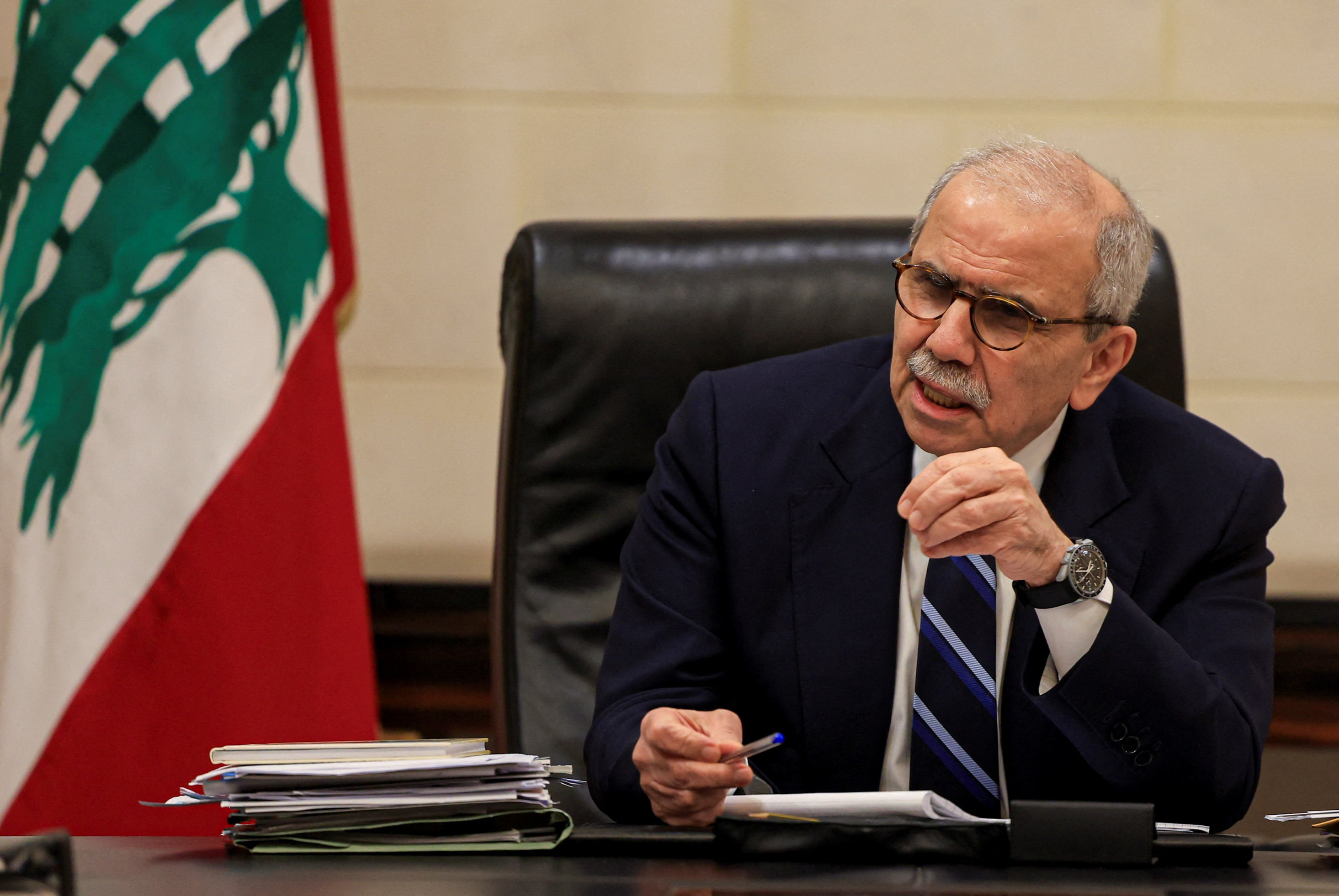 Lebanese Prime Minister Nawaf Salam speaks to journalists at the government headquarters, in Beirut