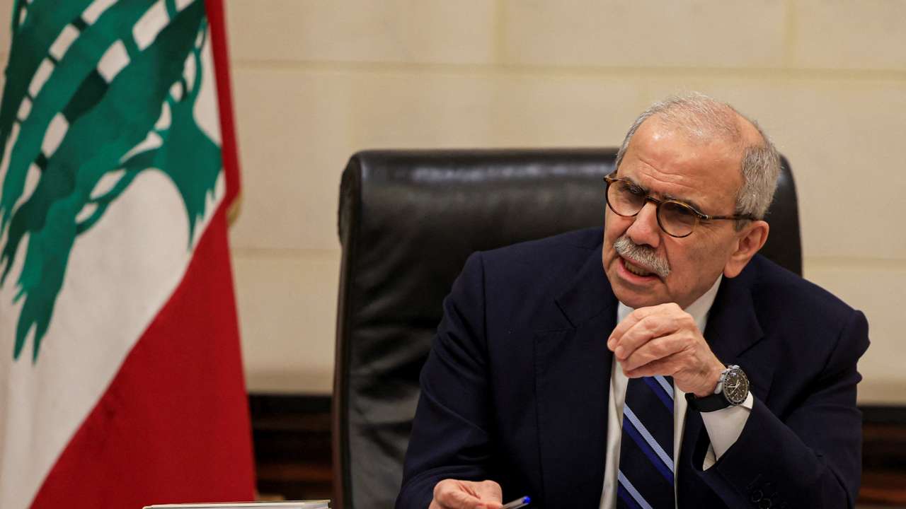 Lebanese Prime Minister Nawaf Salam speaks to journalists at the government headquarters, in Beirut