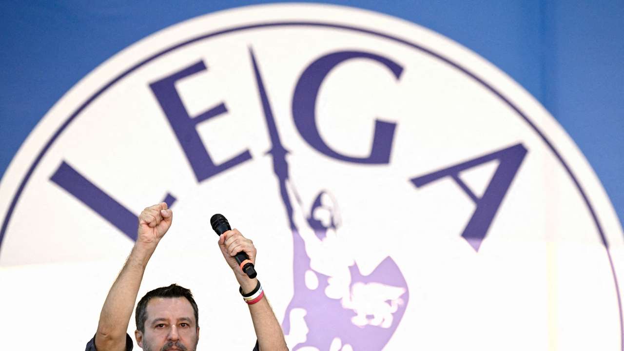 FILE PHOTO: Matteo Salvini, leader of the League party, attends a rally in Pontida