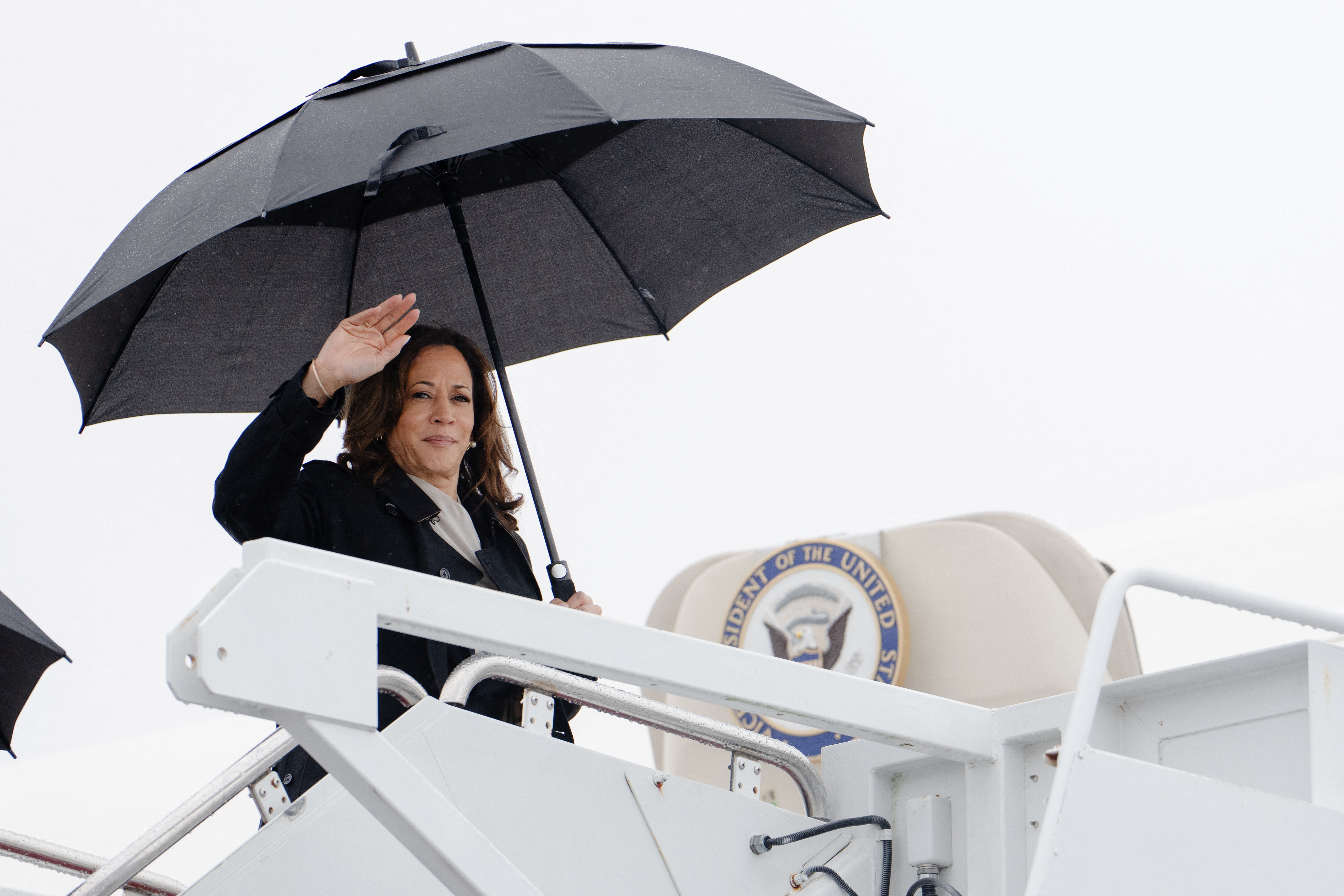 U.S. Vice President Kamala Harris walks to board Air Force Two at Joint Base Andrews in Maryland