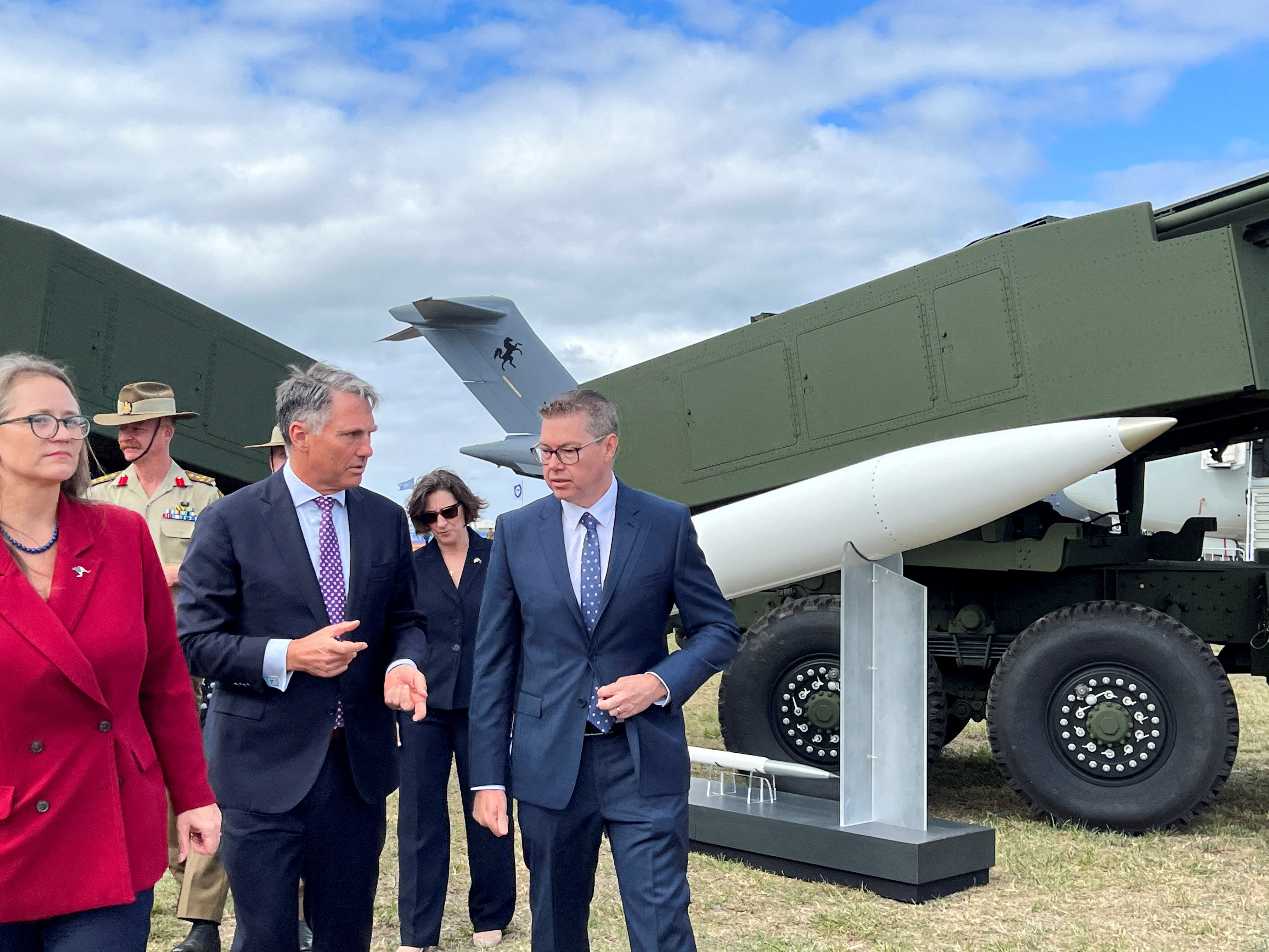 FILE PHOTO: Erika Olson, Charge d’Affaires, for the United States Embassy in Australia with Australia’s Defence Minister Richard Marles, and Minister for Defence Industry Pat Conroy, at the Avalon Air Show