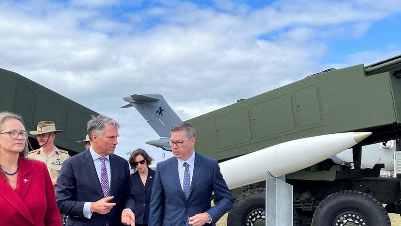 FILE PHOTO: Erika Olson, Charge d’Affaires, for the United States Embassy in Australia with Australia’s Defence Minister Richard Marles, and Minister for Defence Industry Pat Conroy, at the Avalon Air Show