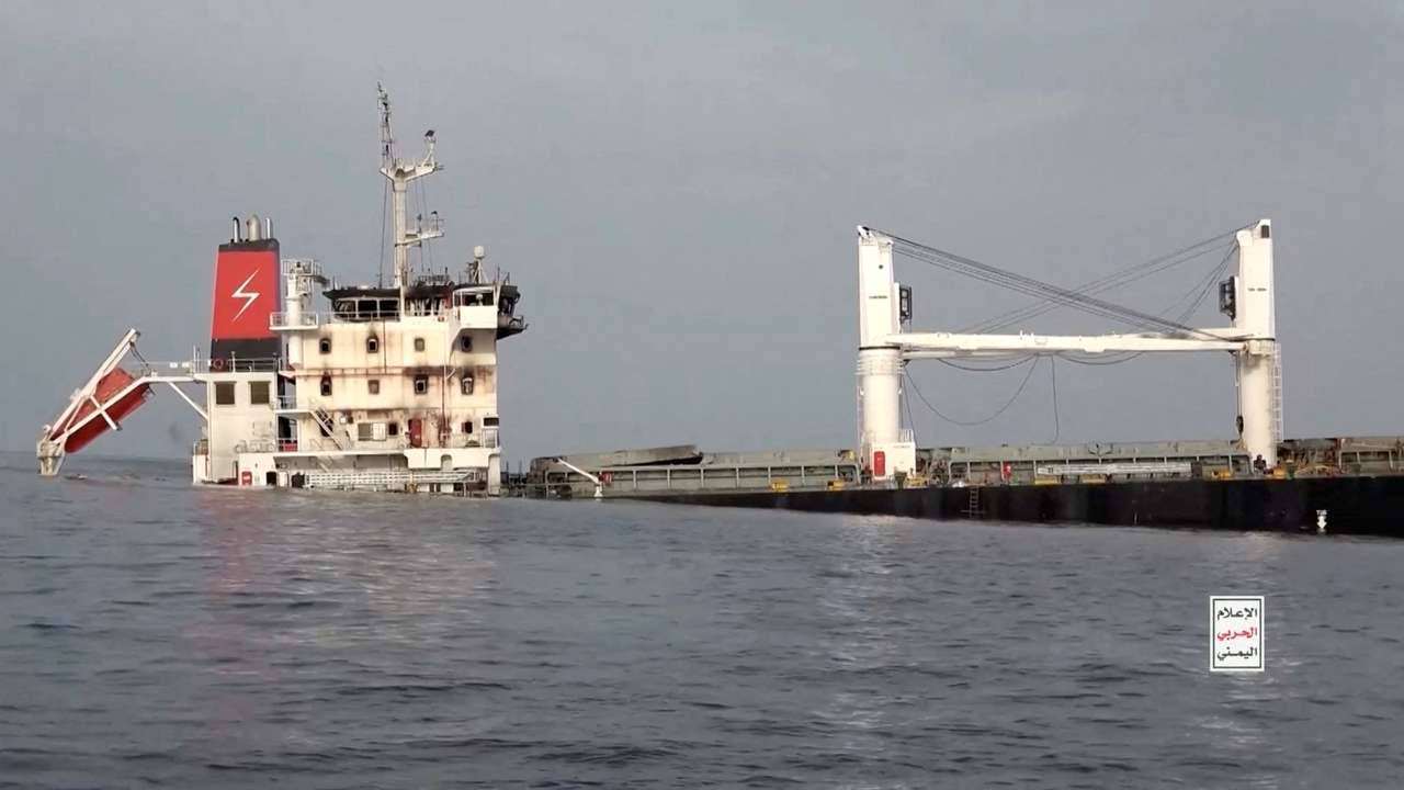 FILE PHOTO: A vessel said to be Greek-operated, Liberia-flagged Eternity C sinks in a footage released by Yemen's Houthis, in the Red Sea
