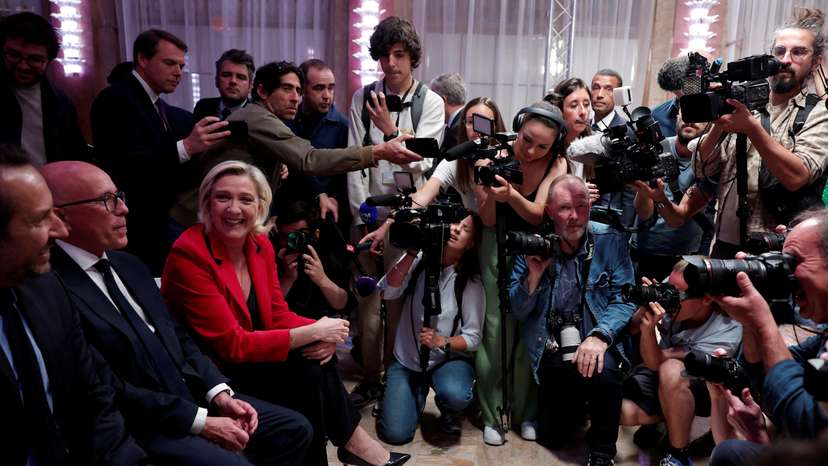 President of the French far-right RN party Bardella attends a press conference for early legislative elections