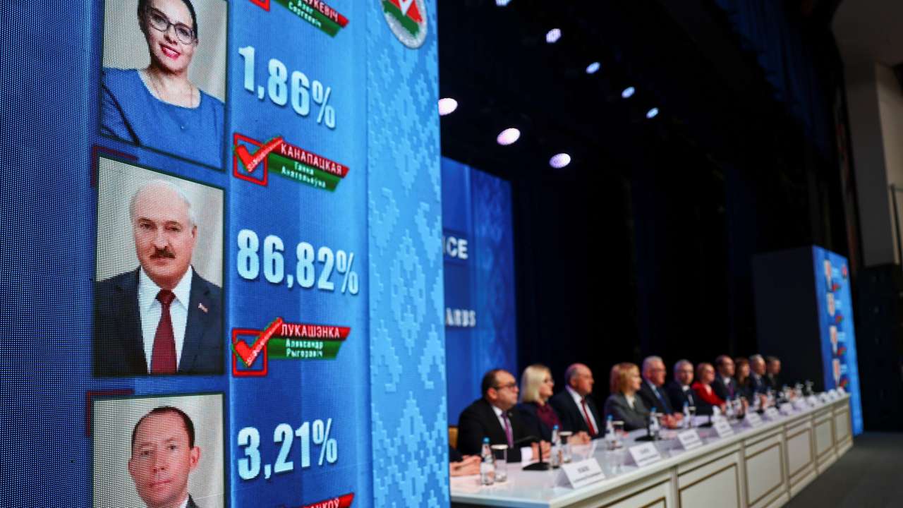 Preliminary results of the presidential election are displayed on a screen at the headquarters of Belarus' Central Election Commission, in Minsk