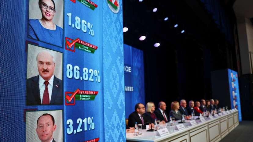 Preliminary results of the presidential election are displayed on a screen at the headquarters of Belarus' Central Election Commission, in Minsk