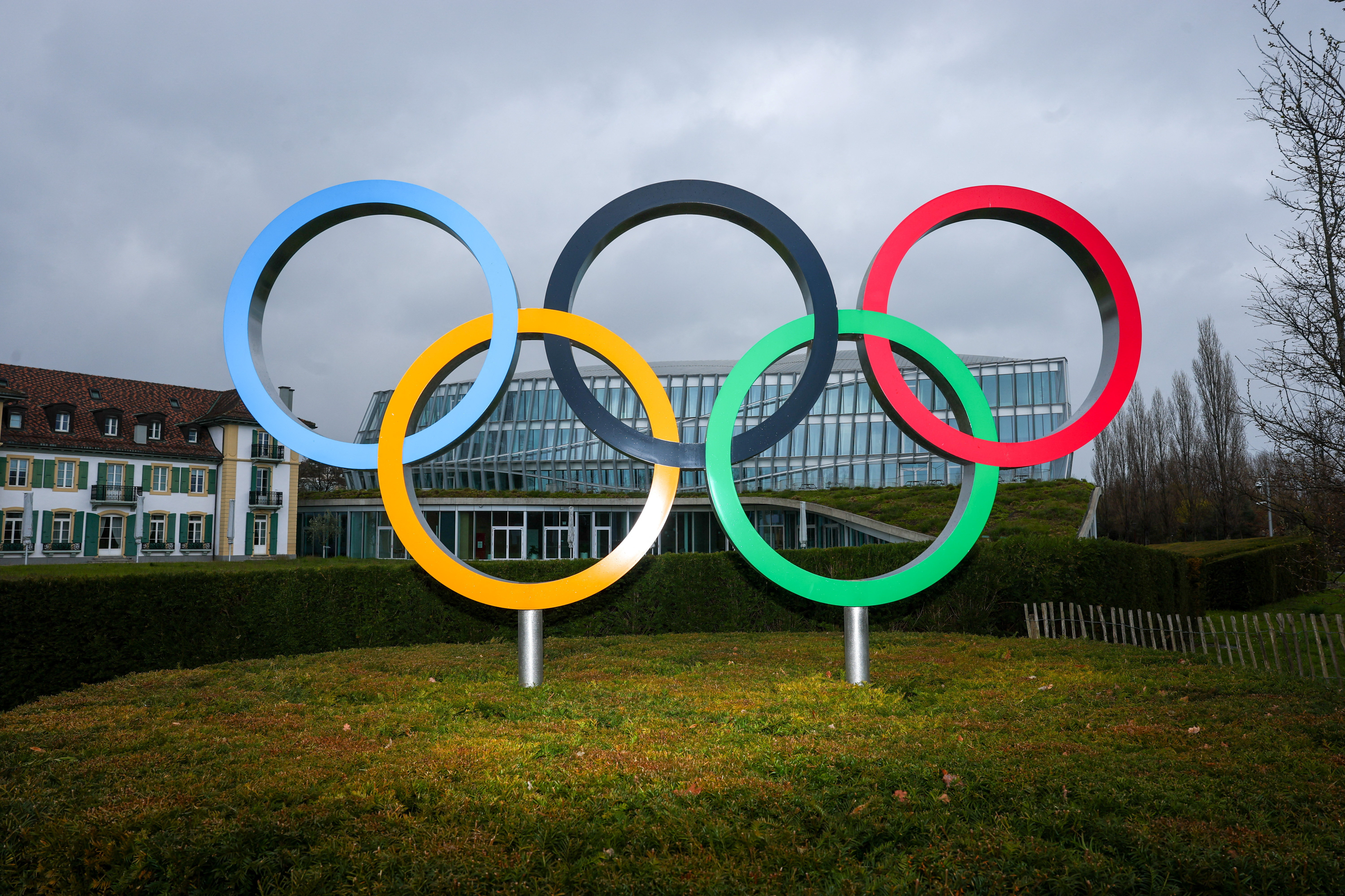 Olympic rings are pictured outside the International Olympic Committee in Lausanne