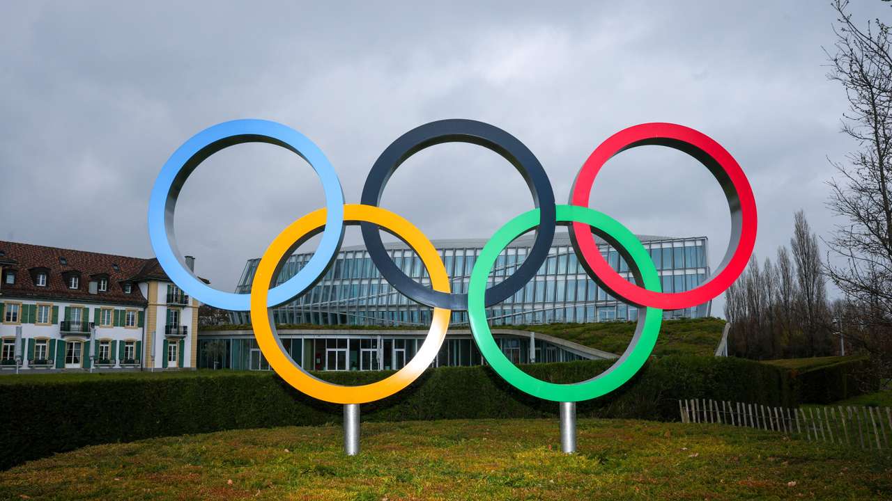 Olympic rings are pictured outside the International Olympic Committee in Lausanne