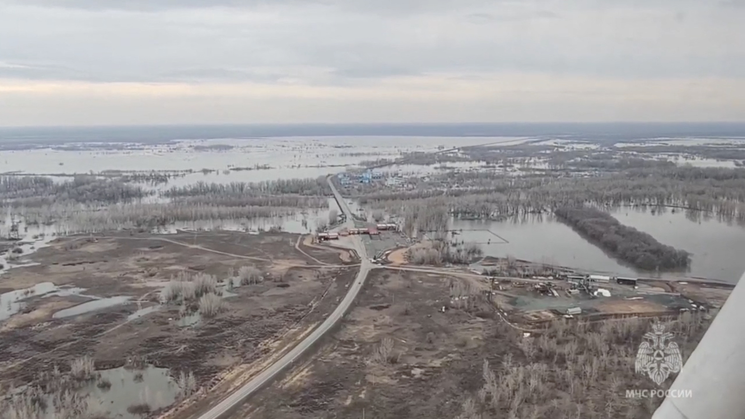 A view from a helicopter shows a flooded area in the Orenburg Region