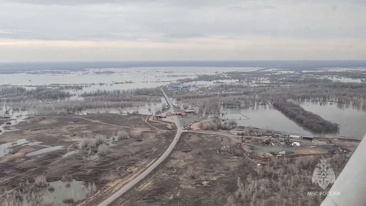 A view from a helicopter shows a flooded area in the Orenburg Region