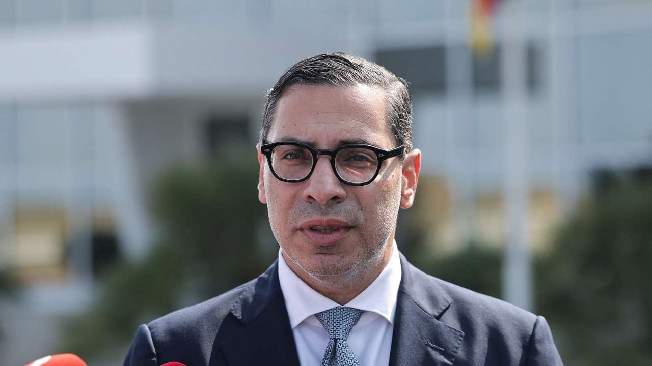 Cypriot Foreign Minister Kombos speaks to the media after a meeting with Germany's Foreign Minister Wadephul at the Larnaca International Airport, in Larnaca
