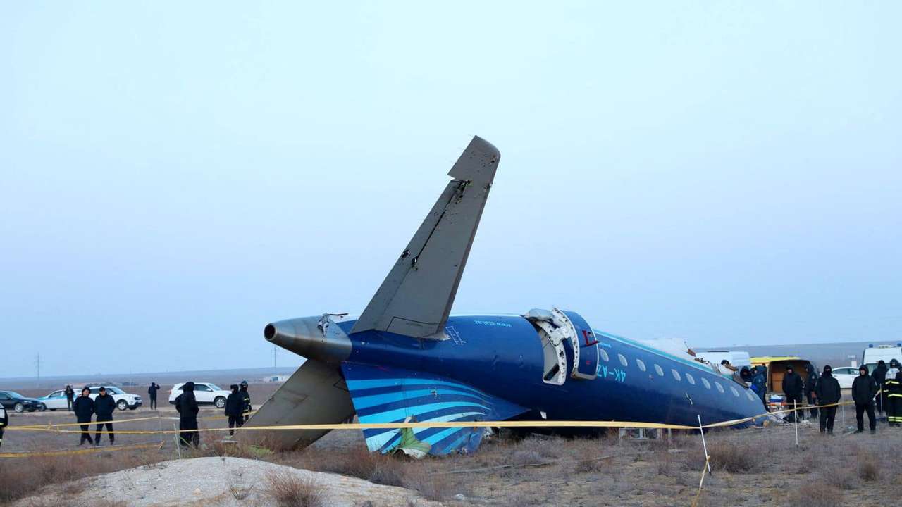 A view shows the wreckage of a passenger plane at the crash site near Aktau