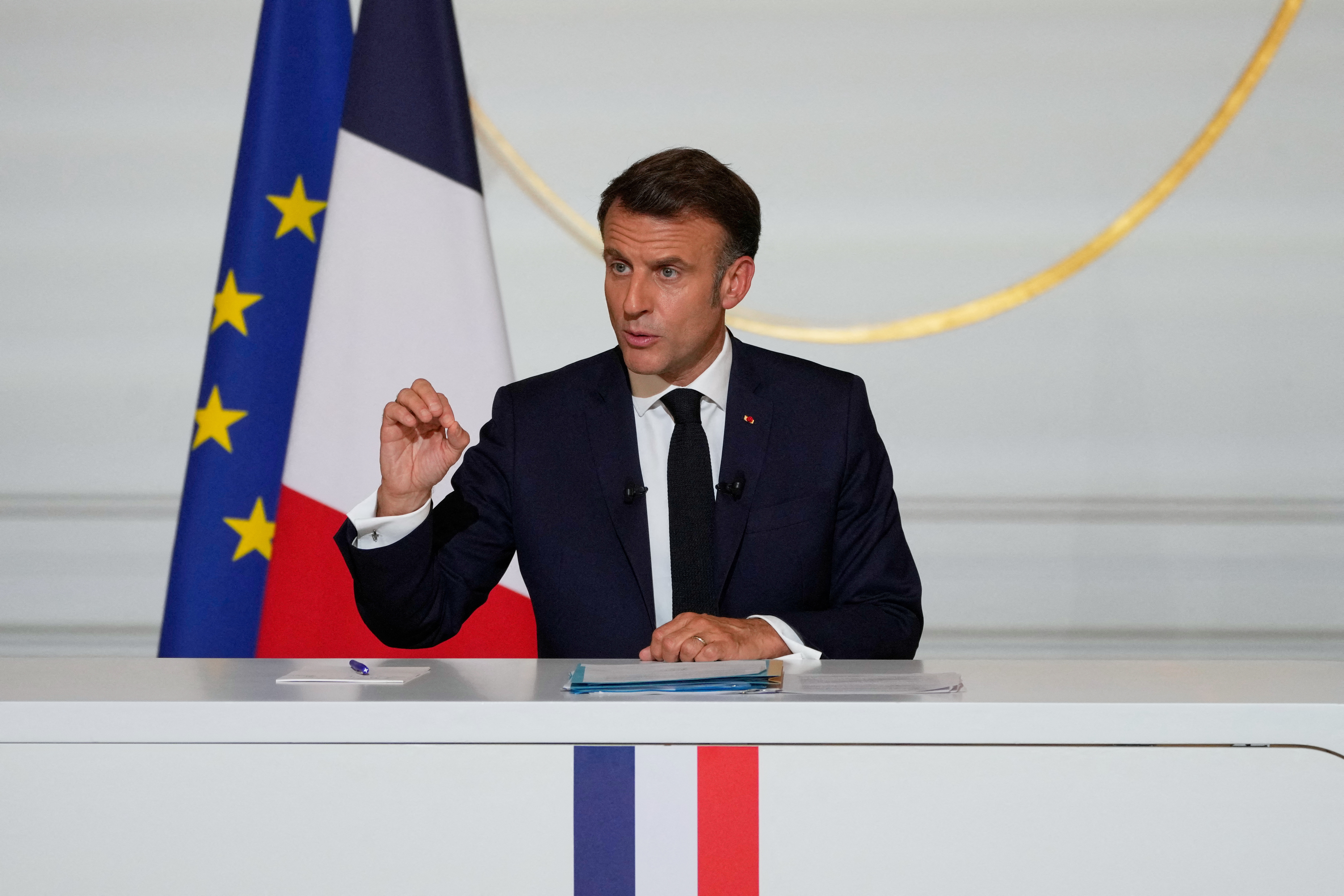 French President Emmanuel Macron holds a press conference, at the Elysee Palace, in Paris