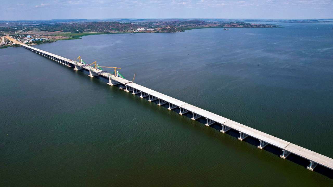 A drone view shows construction on the John Pombe Magufuli Bridge that crosses the southern end of Lake Victoria in Mwanza