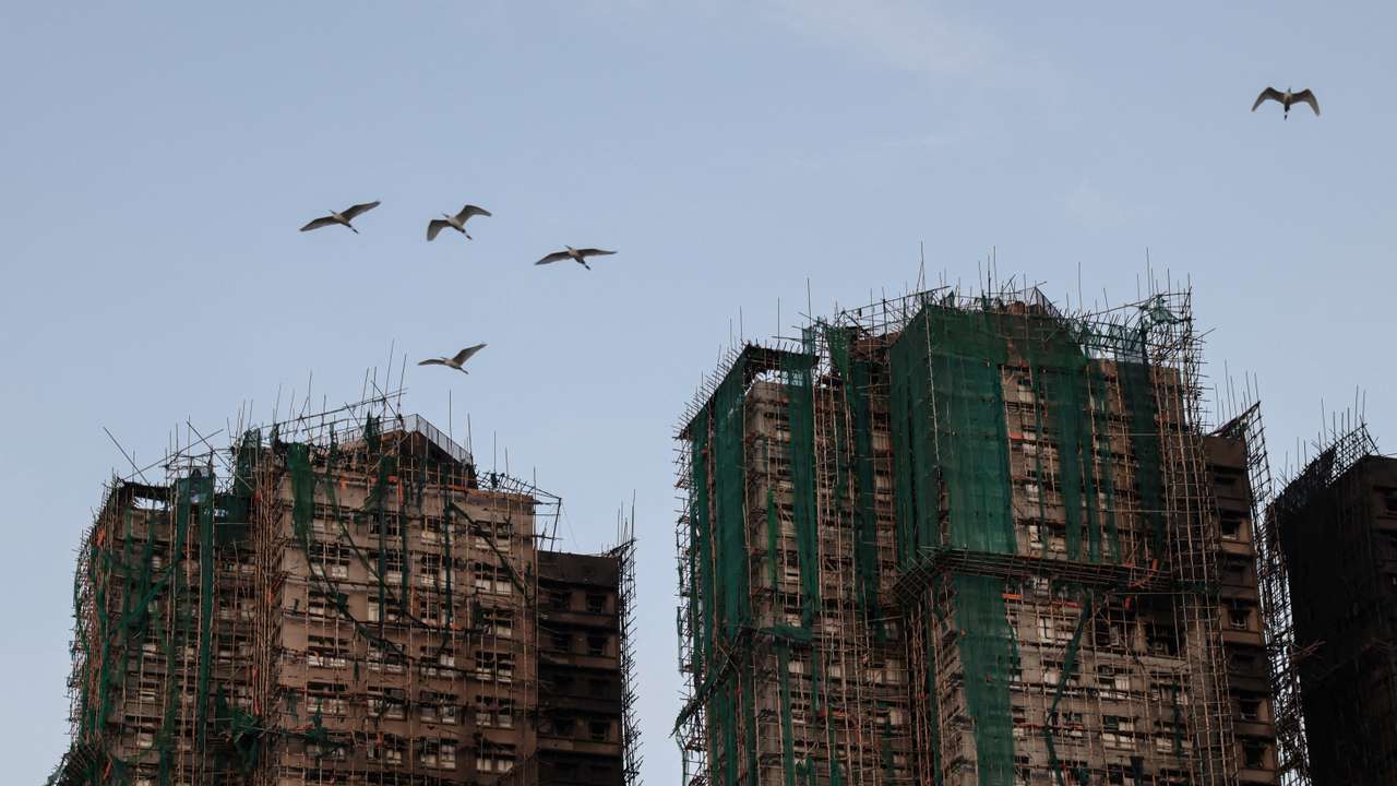 Birds fly past fire-damaged residential blocks at Wang Fuk Court housing estate after a major blaze that killed numerous people, in Tai Po, Hong Kong
