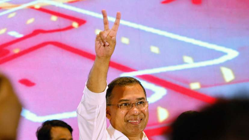 Tarique Rahman, chairman of Bangladesh Nationalist Party (BNP), shows victory sign during a press conference, following the victory on 13th general election, in Dhaka
