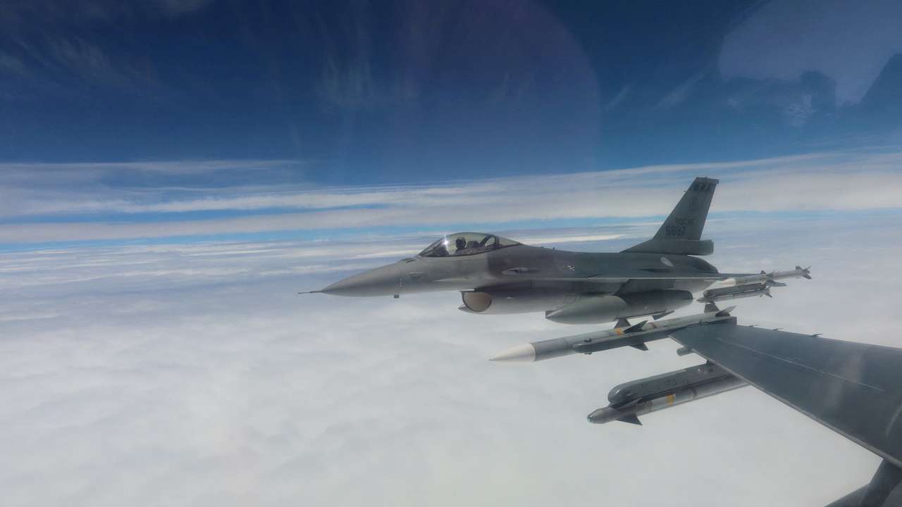 Taiwan Air Force F-16 aircrafts fly during a patrolling mission at an undisclosed location in Taiwan