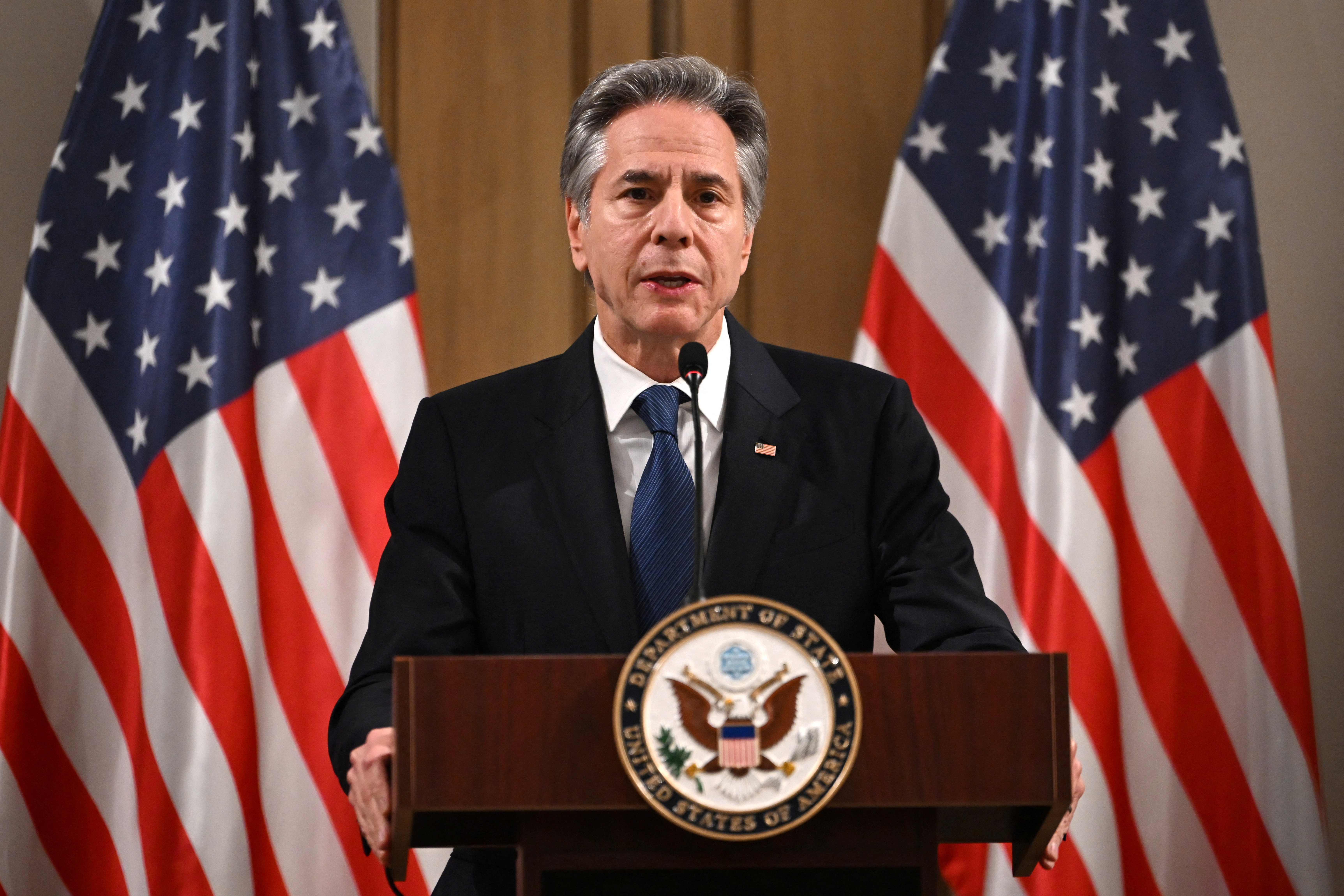 US Secretary of State Antony Blinken delivers a statement to the press, in Aqaba