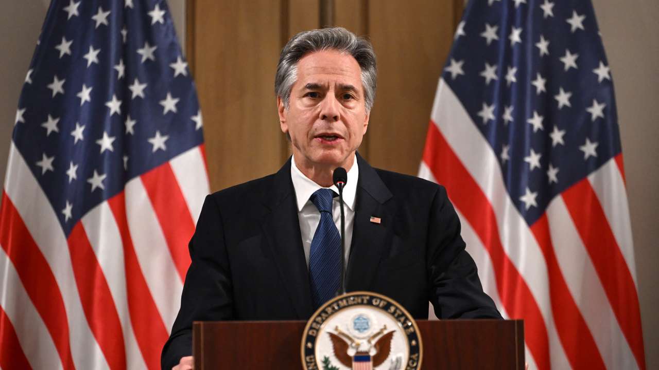 US Secretary of State Antony Blinken delivers a statement to the press, in Aqaba