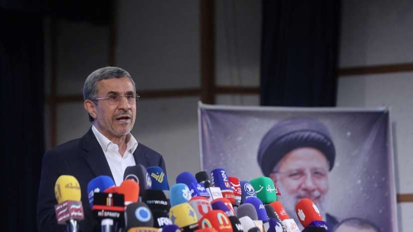 Mahmoud Ahmadinejad former president of Iran, speaks at a press conference after registering as a candidate for the presidential election at the Interior Ministry, in Tehran