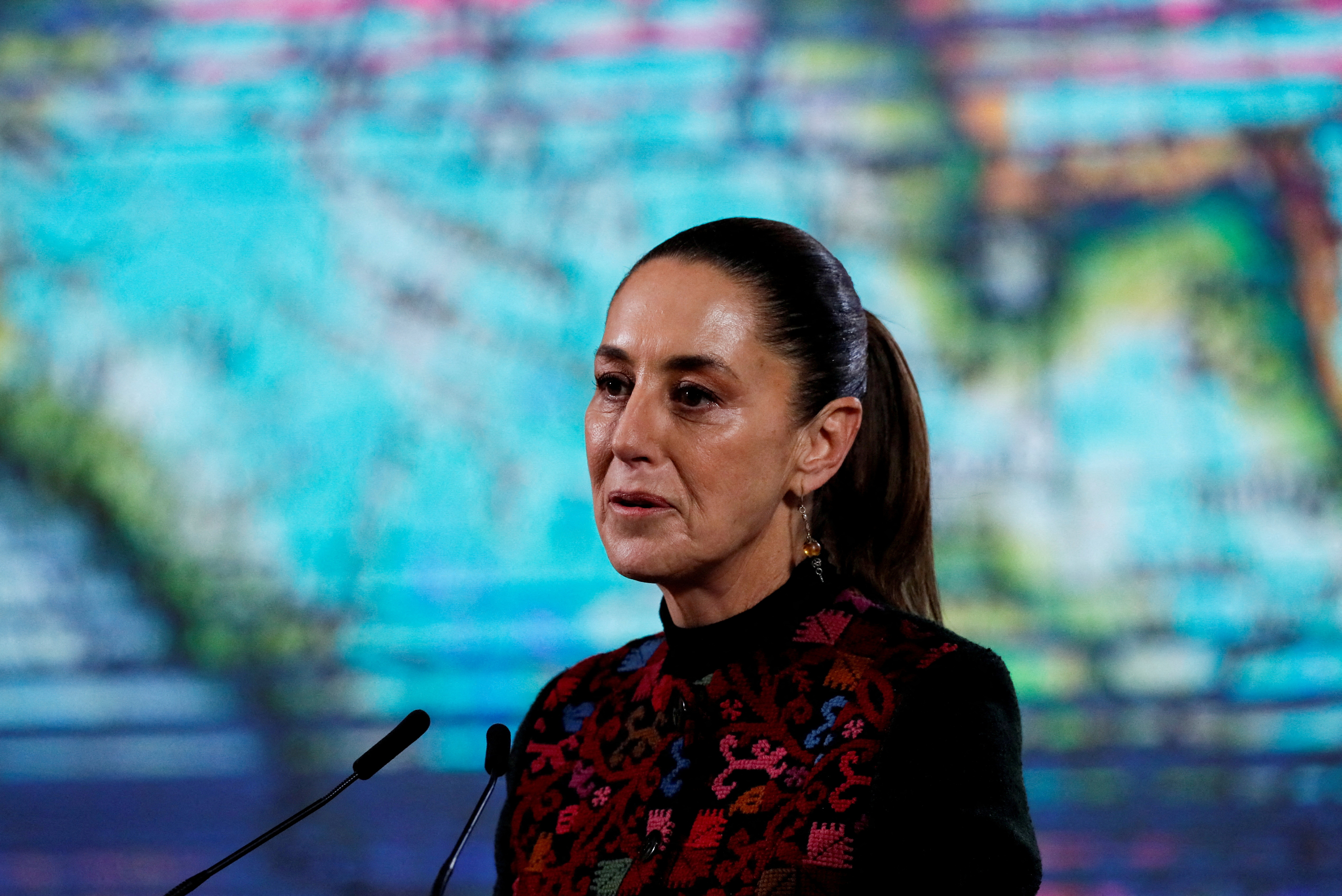 FILE PHOTO: Mexico's President Claudia Sheinbaum holds a press conference at the National Palace, in Mexico City